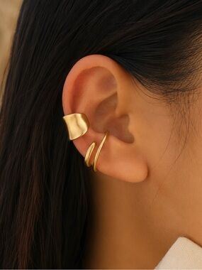 Gold Tone Two Piece Modern Ear Cuff Set
